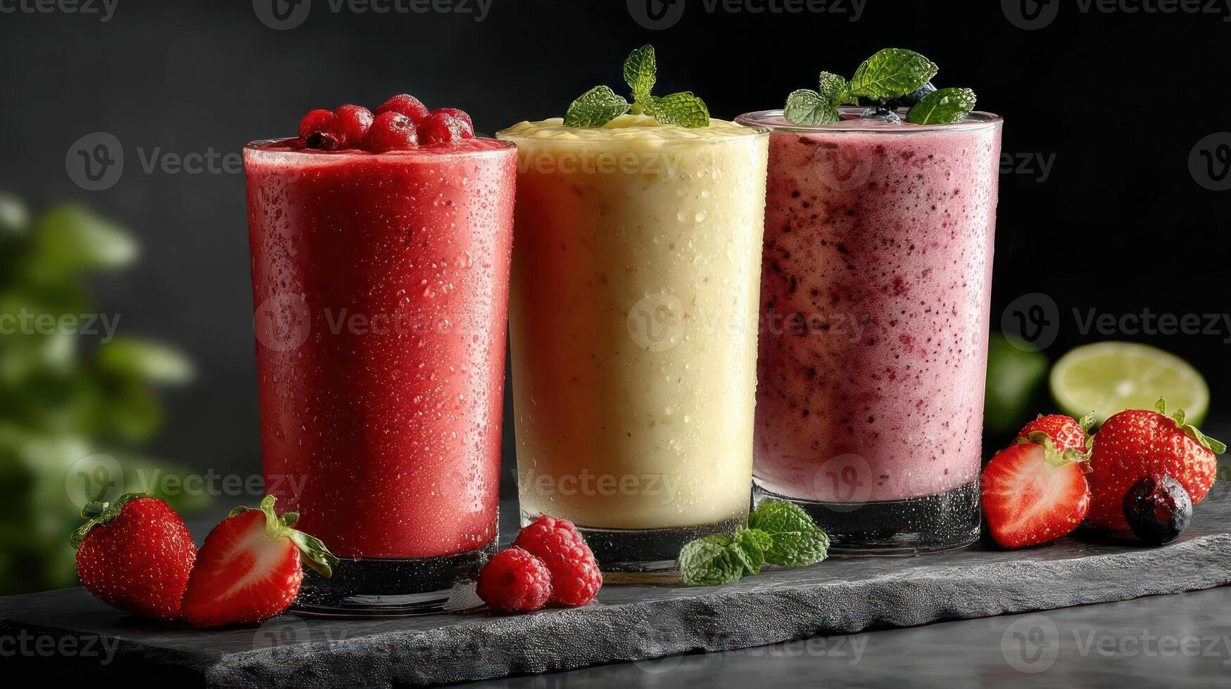 Three vibrant berry smoothies with fresh fruit and mint. photo
