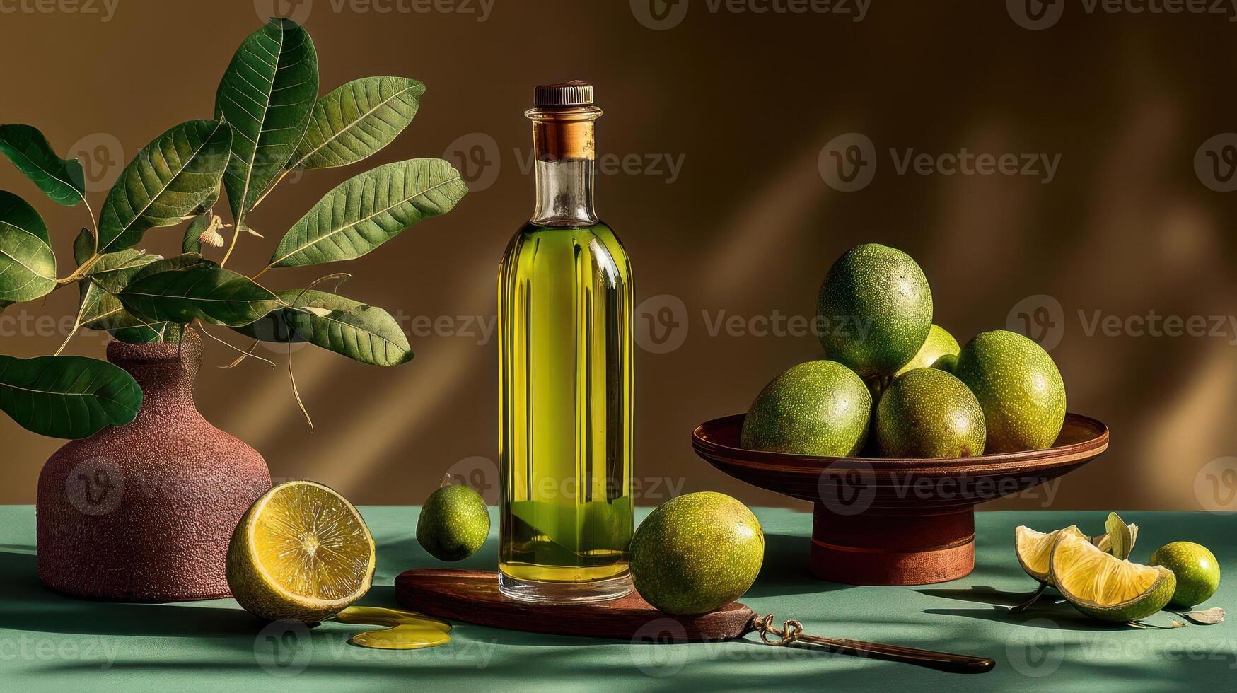 Avocado, oil, lime, and greenery still life composition. photo