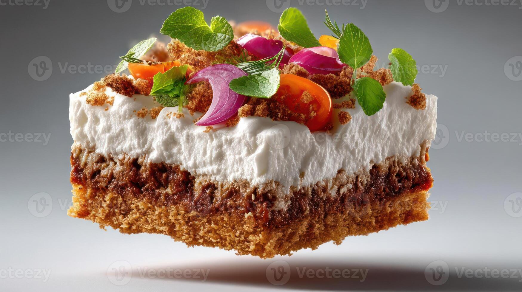 Deconstructed dessert with layers of crumble, cream, and fresh herbs. photo