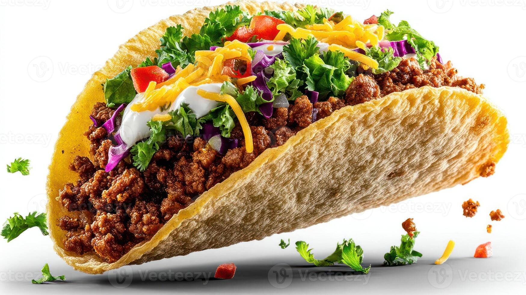 Delicious taco with meat, cheese, lettuce, and toppings. photo