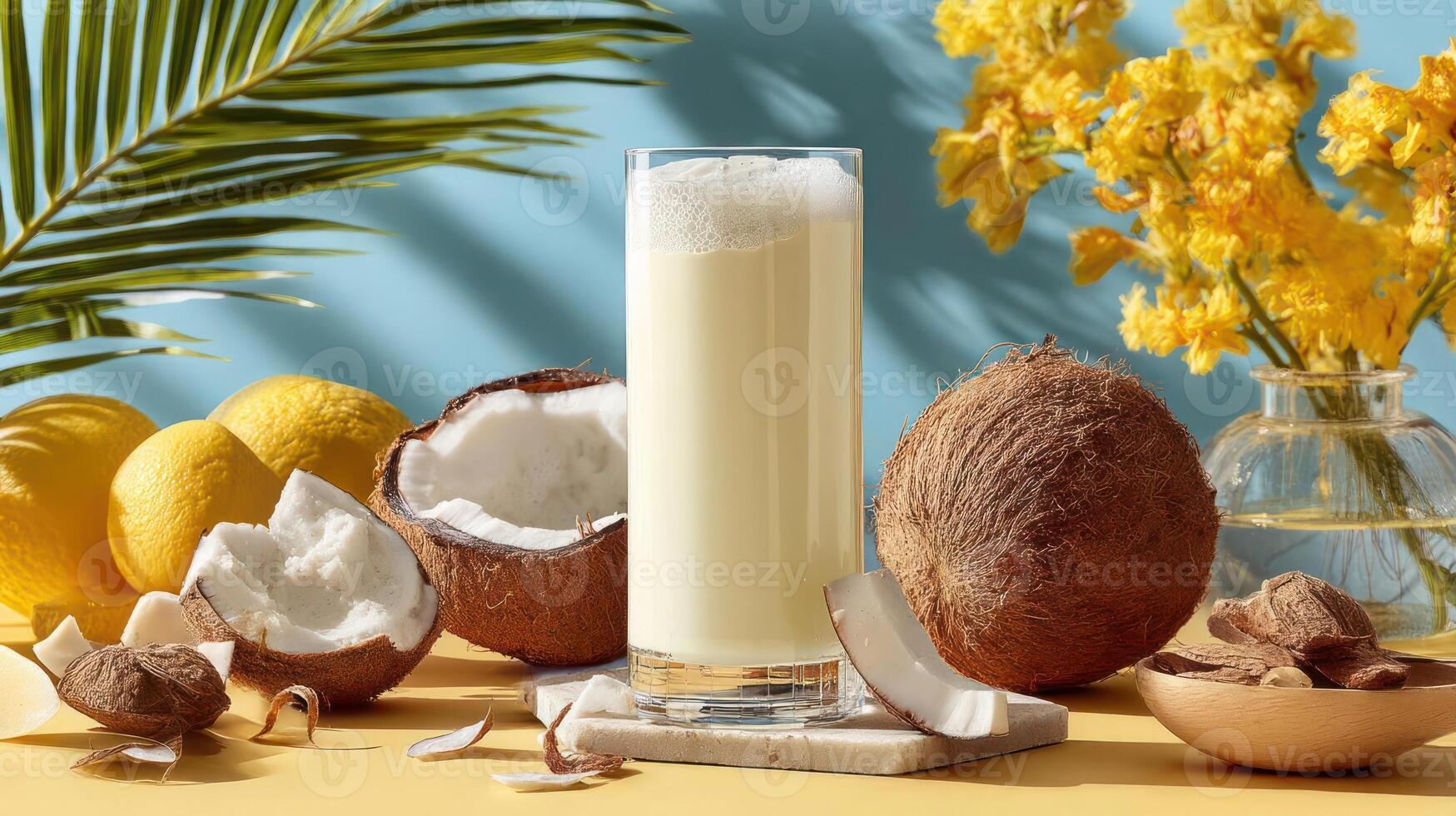 Refreshing coconut milk drink with tropical fruits and palm leaves. photo
