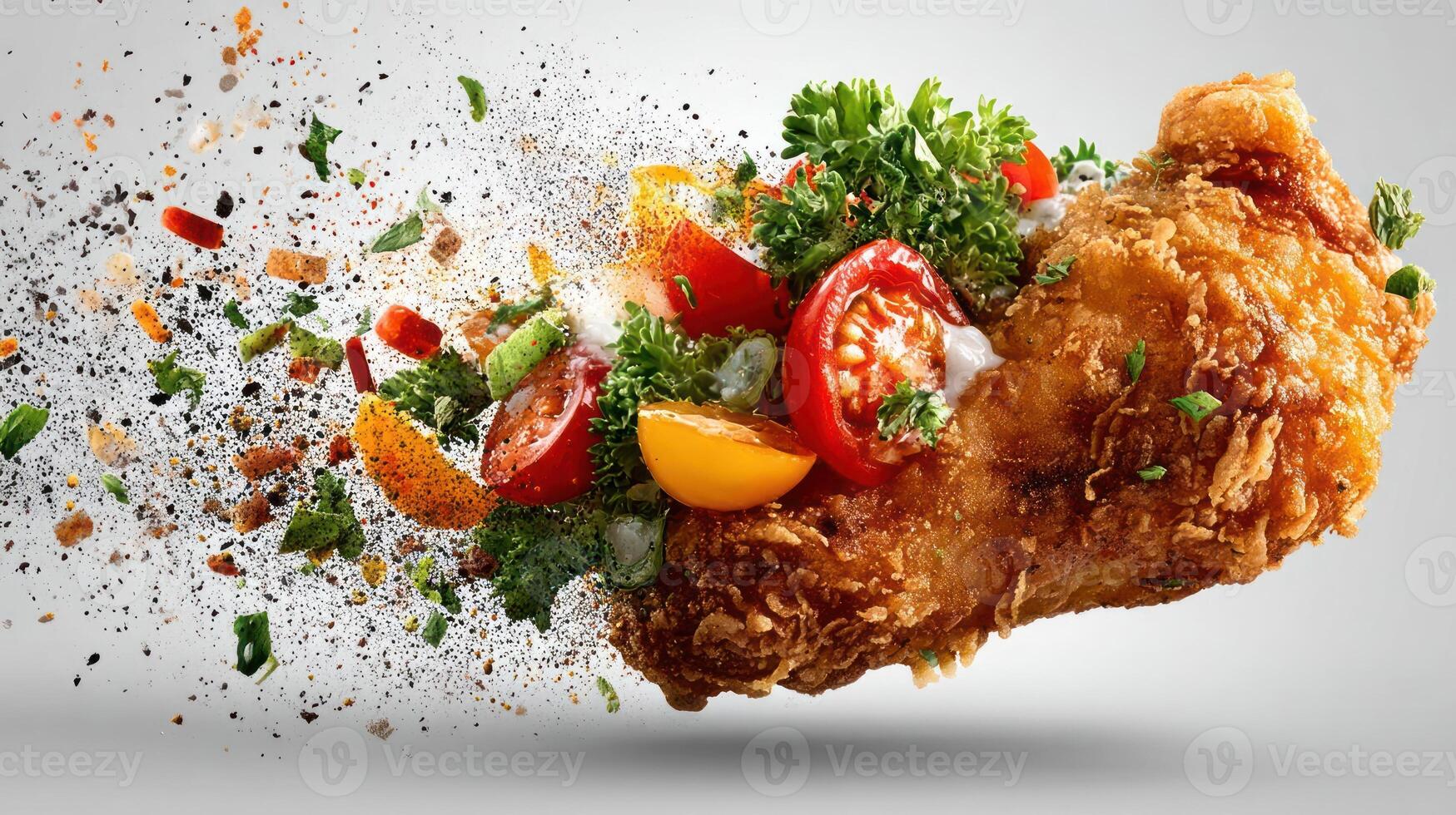 Crispy fried chicken with tomatoes and herbs, dynamic food photography. photo