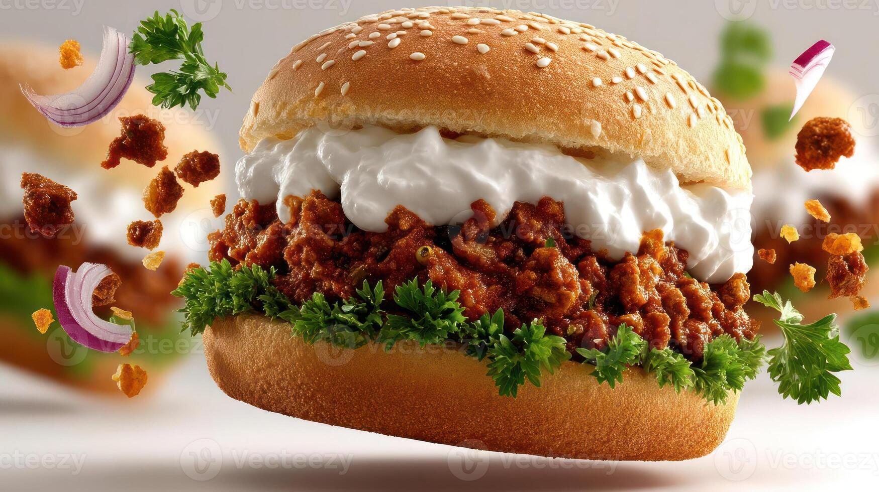 Delicious spicy burger with herbs and crispy toppings. photo