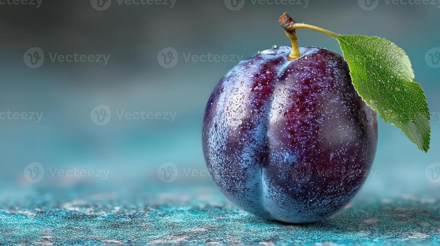 Close-up of a juicy purple plum with a leaf. photo