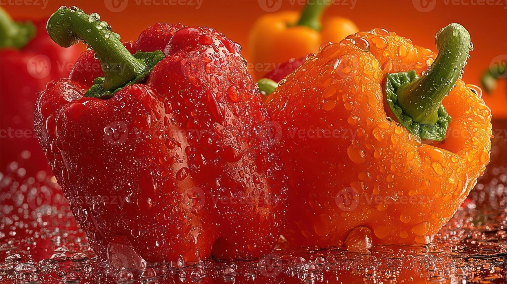 Fresh red bell peppers with water droplets. photo