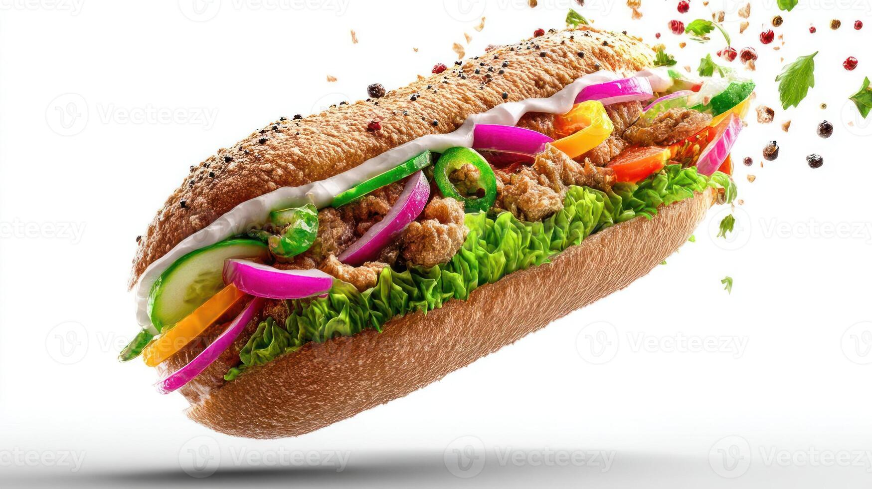 Delicious sandwich floating with fresh ingredients. photo