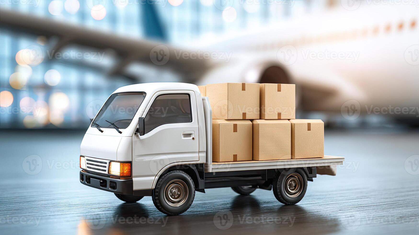 A small truck with boxes on the back is parked in front of an airplane photo