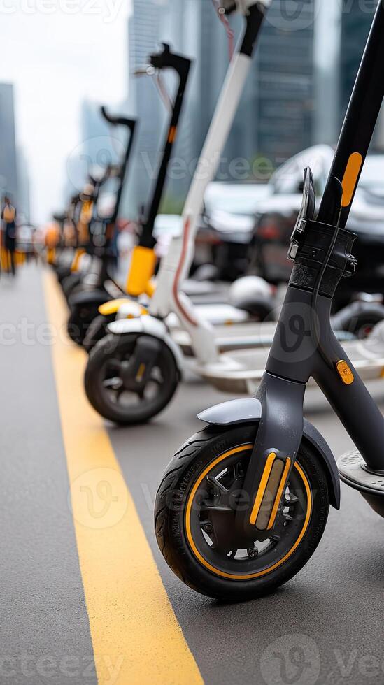 A row of scooters are parked on the street photo