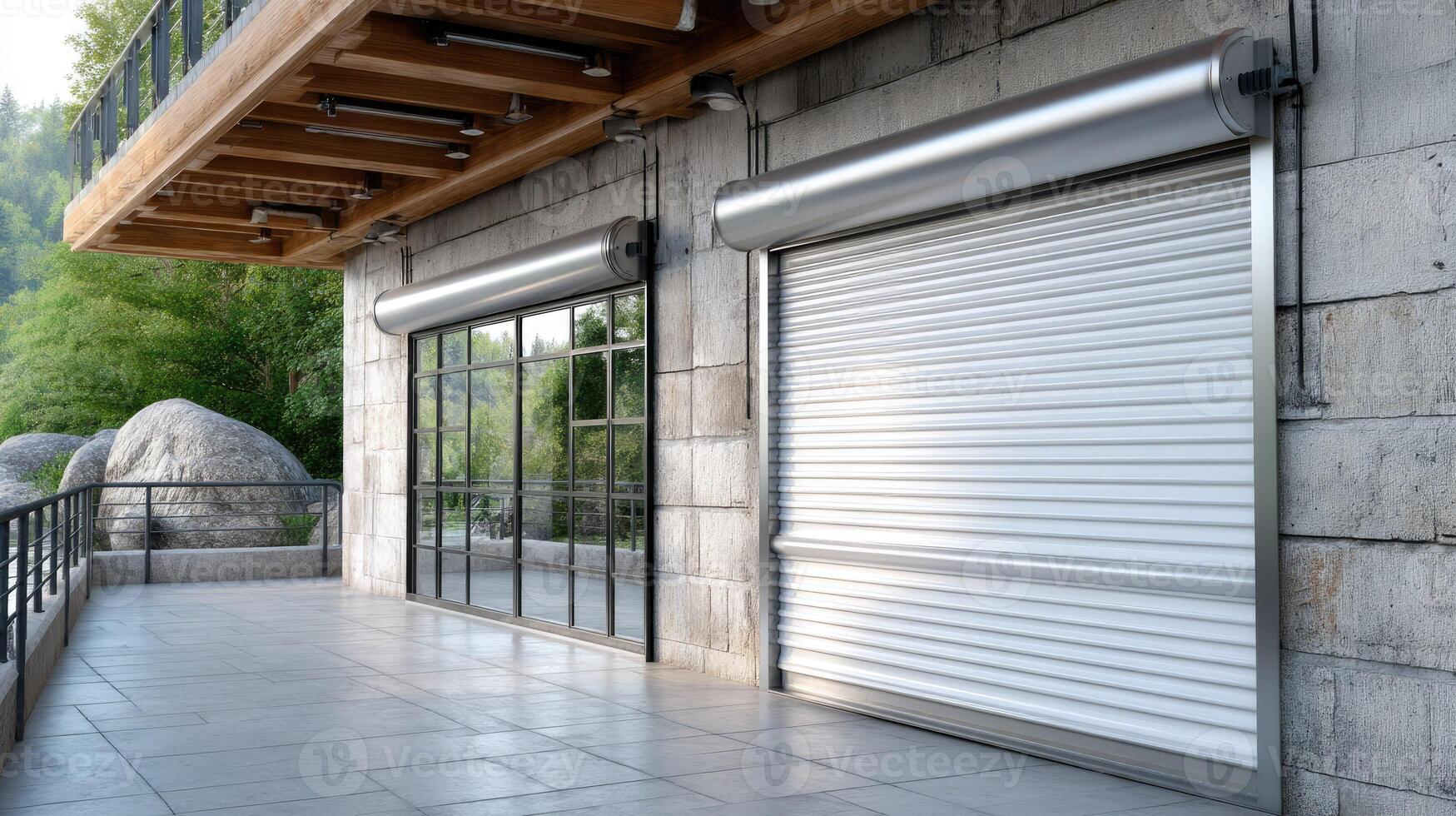 Modern architecture features a sleek building exterior with roller shutters and large windows during the day photo