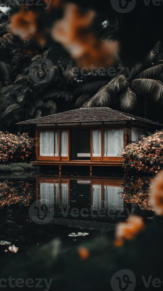 A small house sitting on the edge of a pond photo