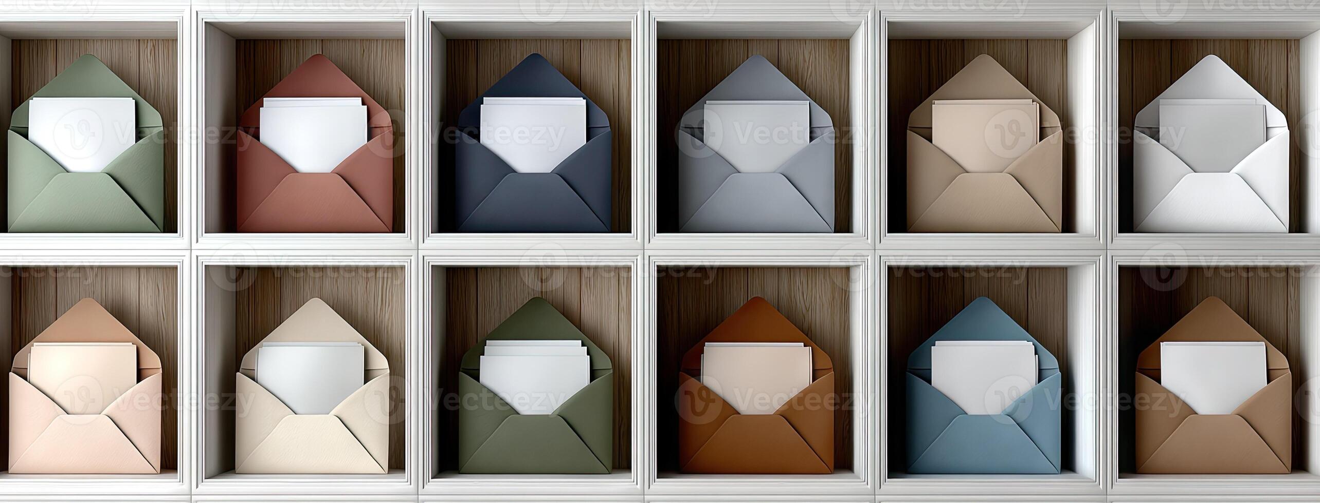 A row of envelopes with paper on them photo