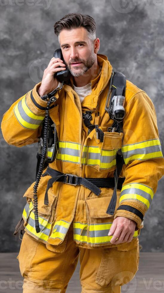 A man in a firefighter uniform talking on the phone photo