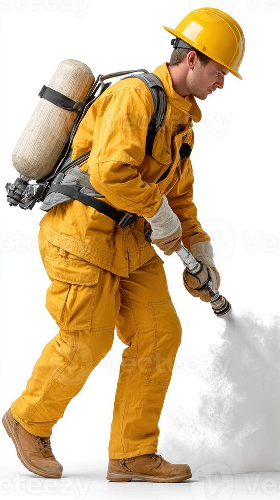 A man in yellow uniform spraying water on a white background photo