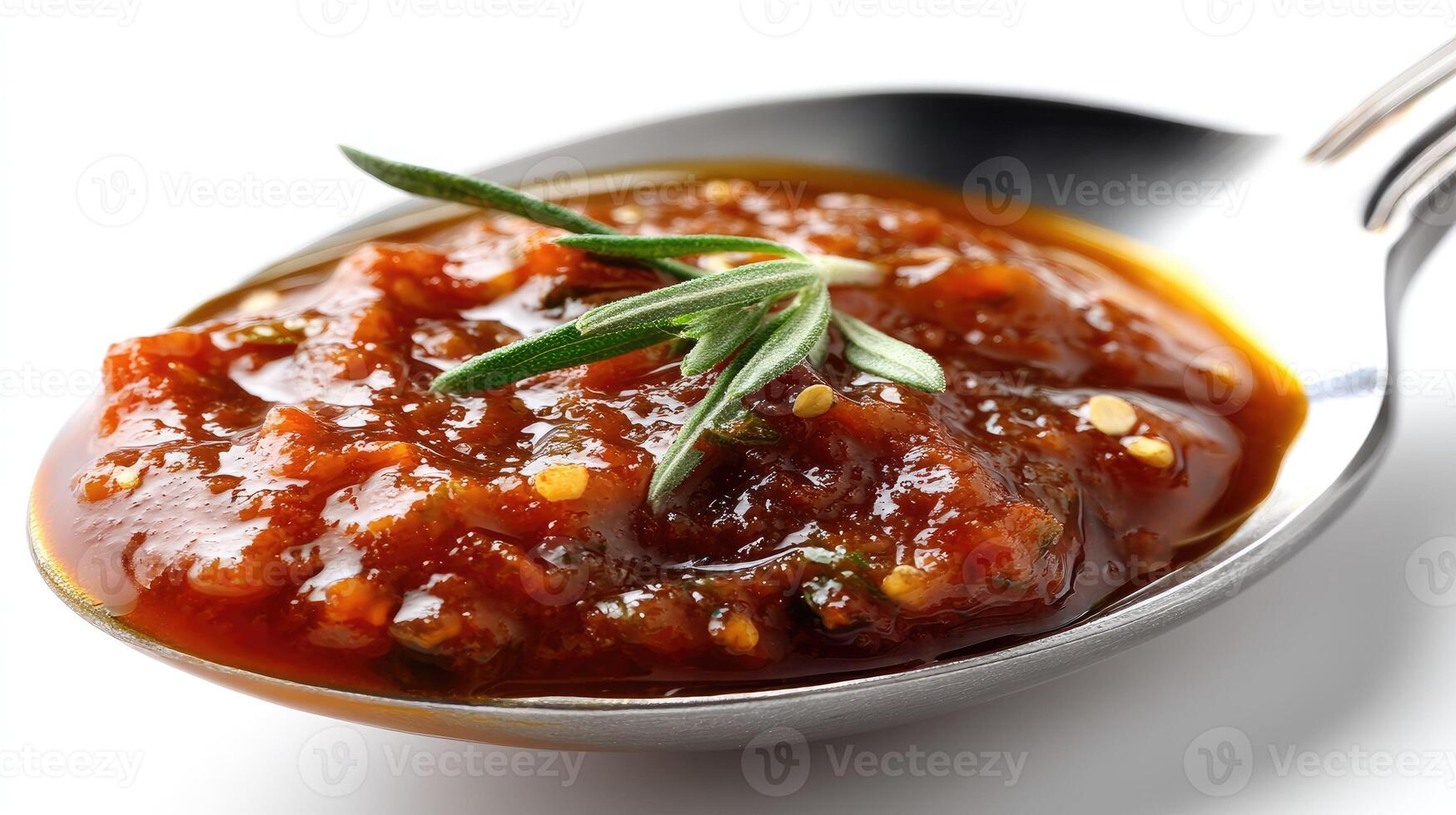 Rich tomato salsa with fresh herbs displayed on a silver spoon, perfect for dipping or adding flavor to dishes photo