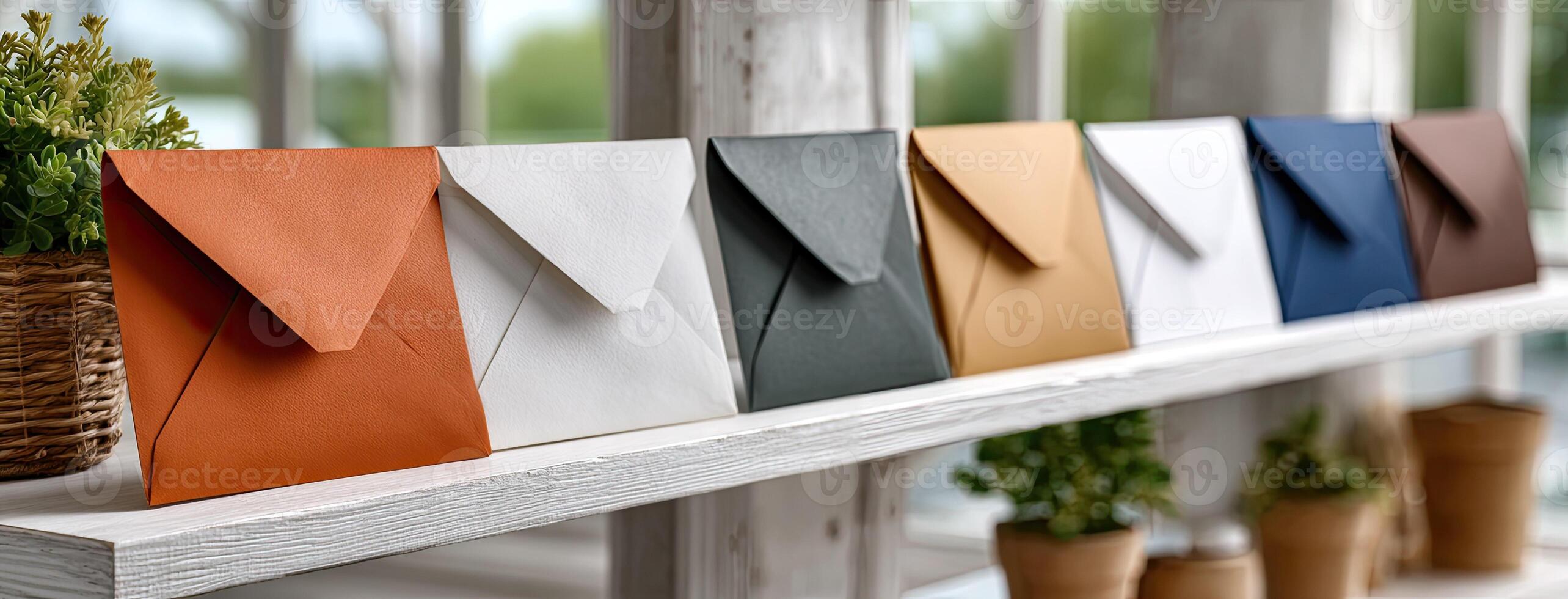 A row of envelopes on a shelf with potted plants photo