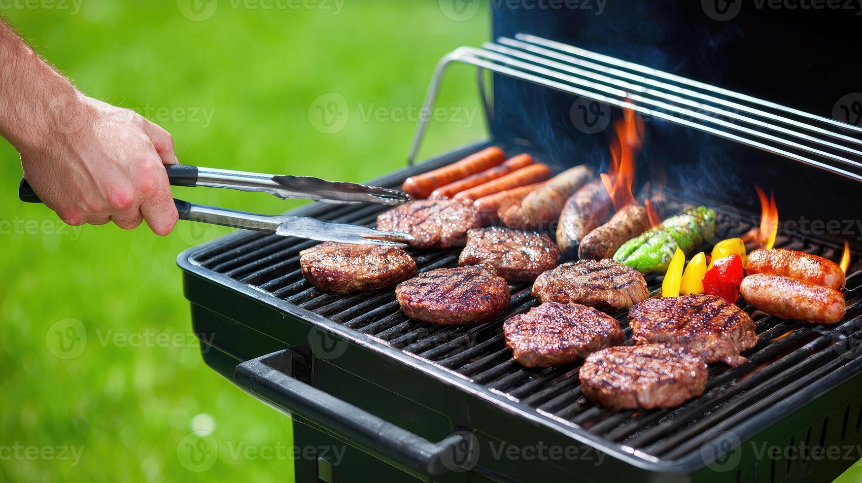 A person is cooking meat on a grill photo