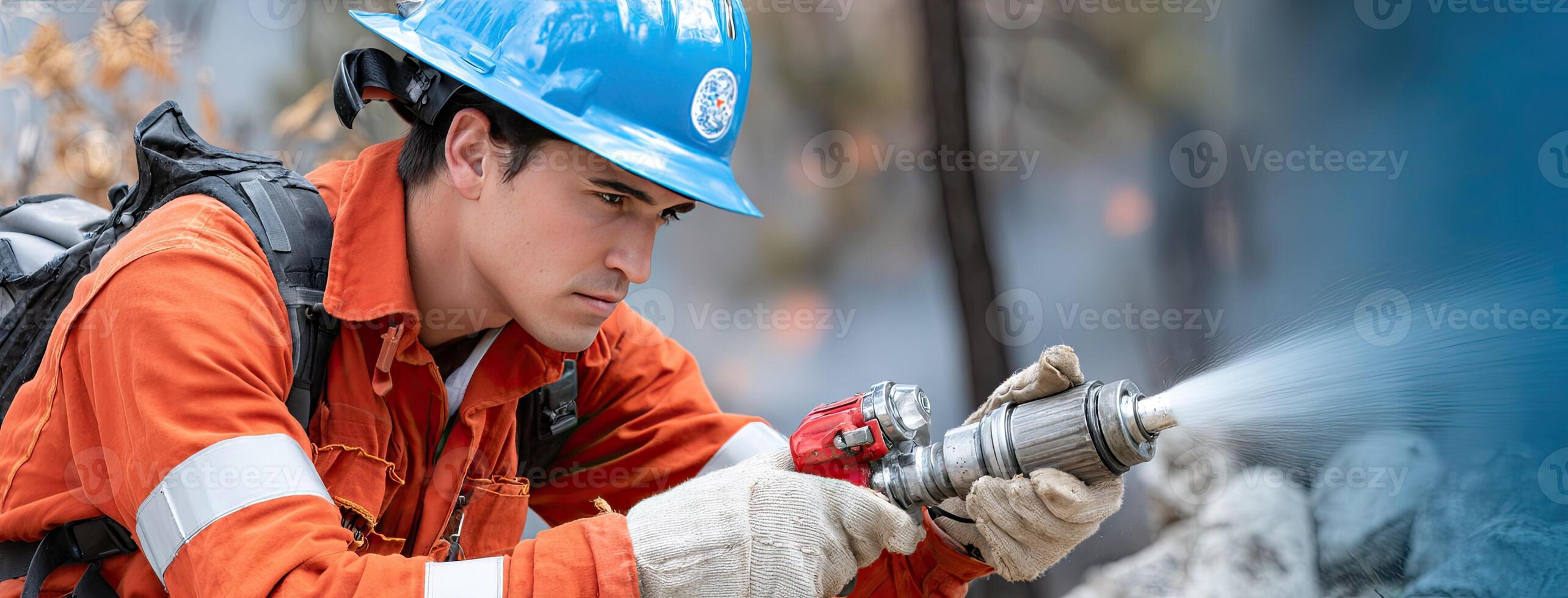 A man in an orange shirt and hard hat spraying water photo