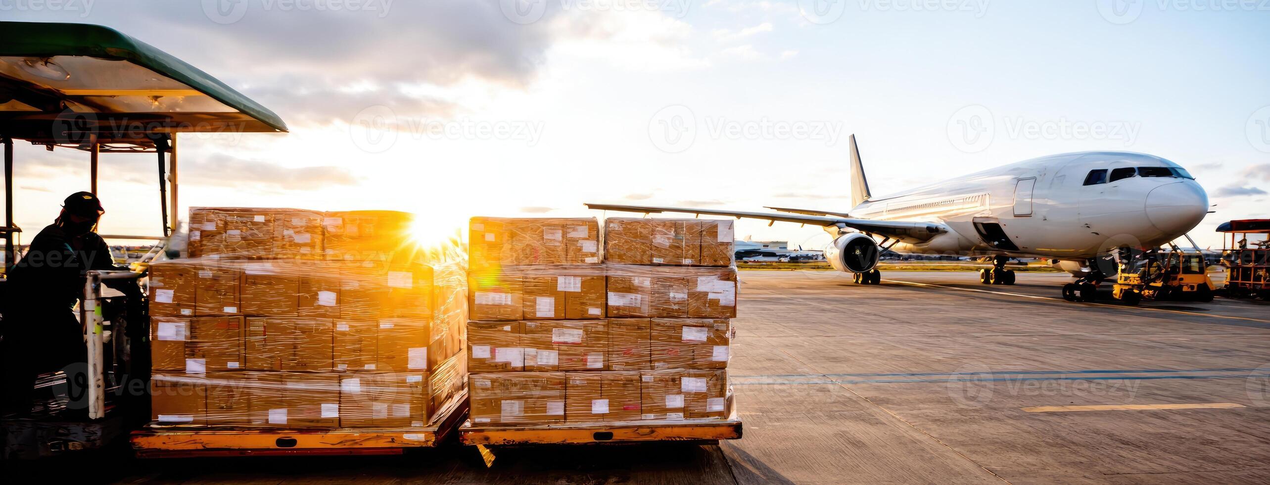A large airplane is parked on the tarmac with boxes photo