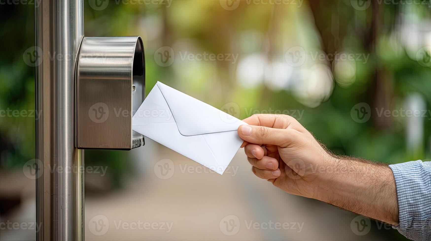 A person is holding an envelope from a mailbox photo
