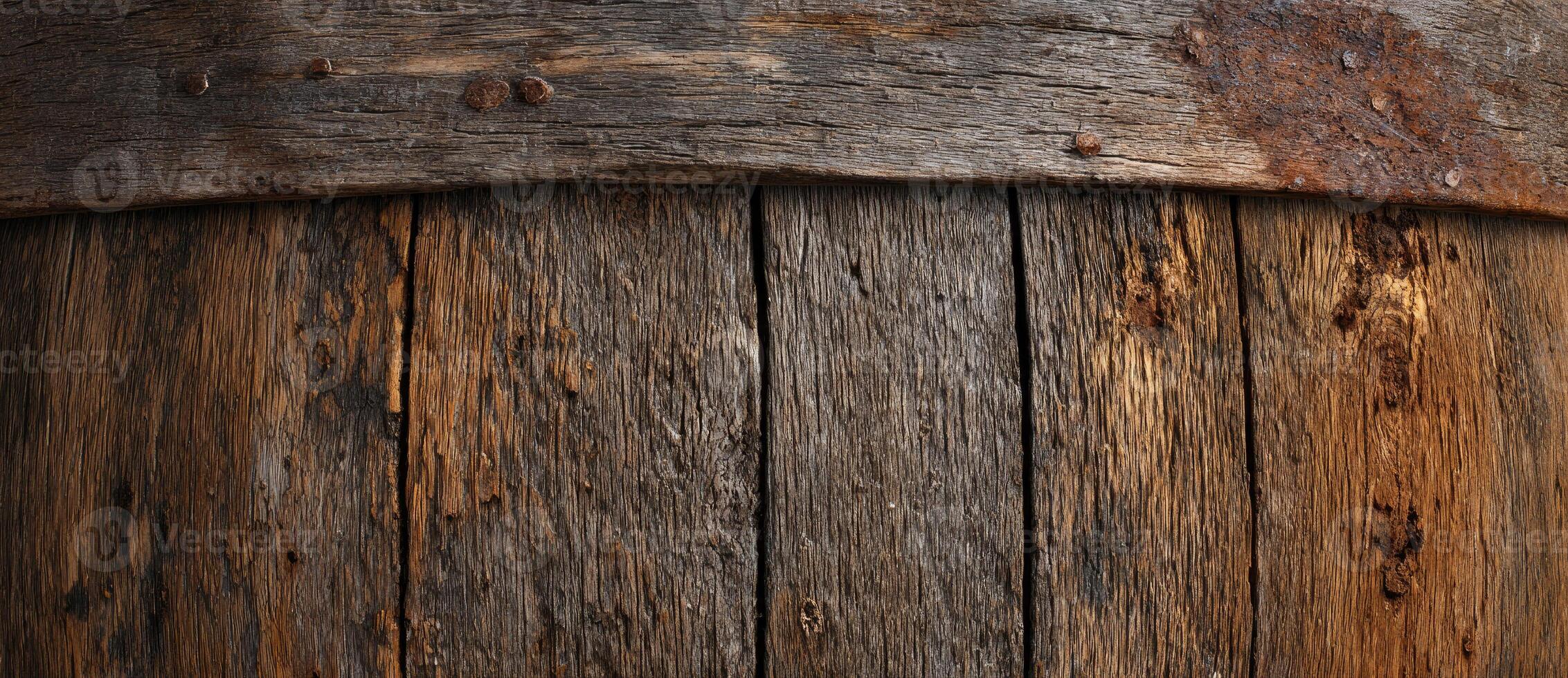 An old wooden barrel with rust on it photo
