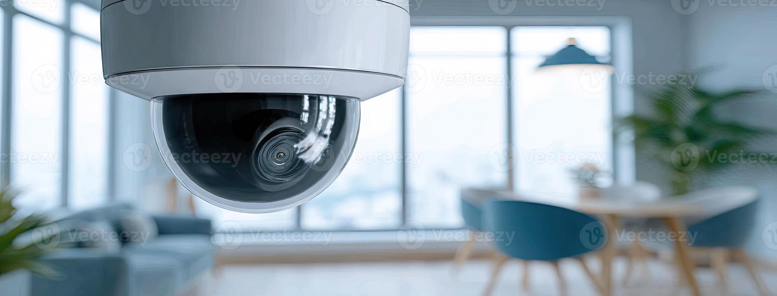 A white security camera is hanging from the ceiling in a room photo