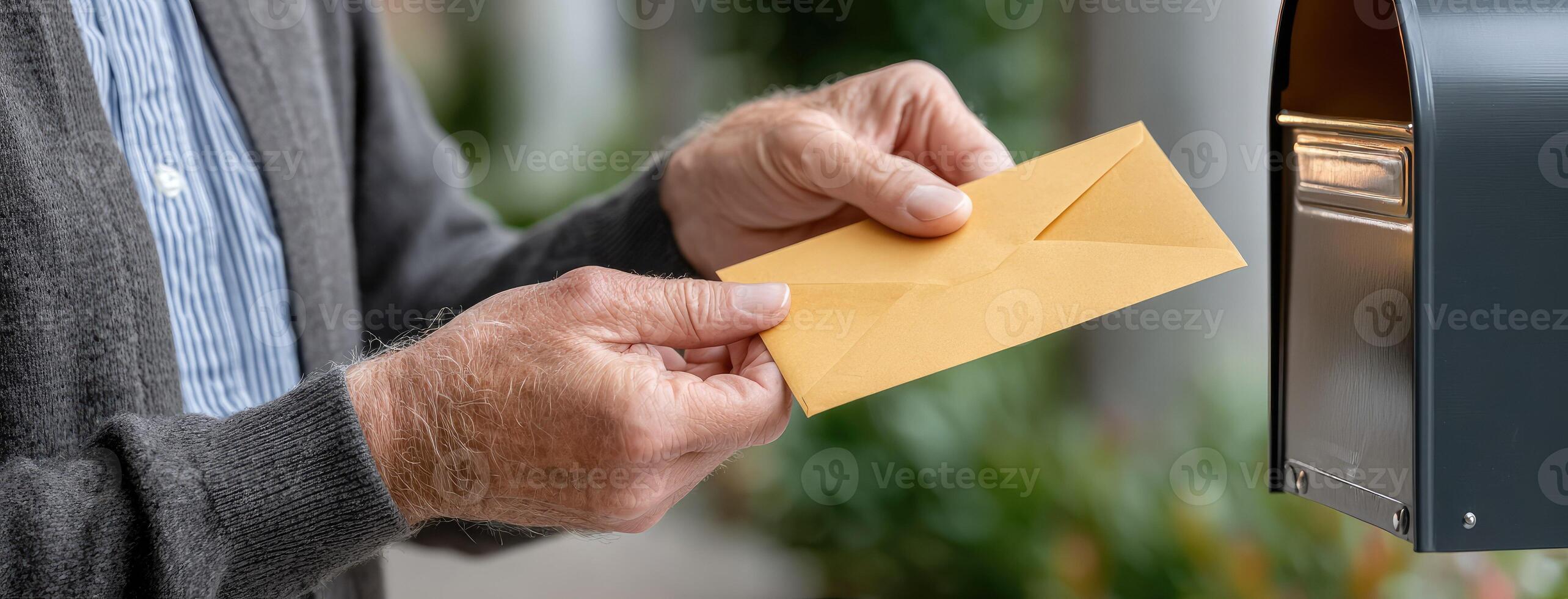 A man is holding an envelope out of a mailbox photo