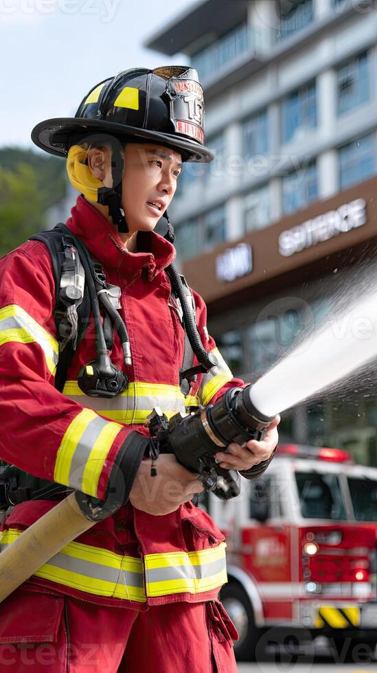 A firefighter is spraying water on a building photo
