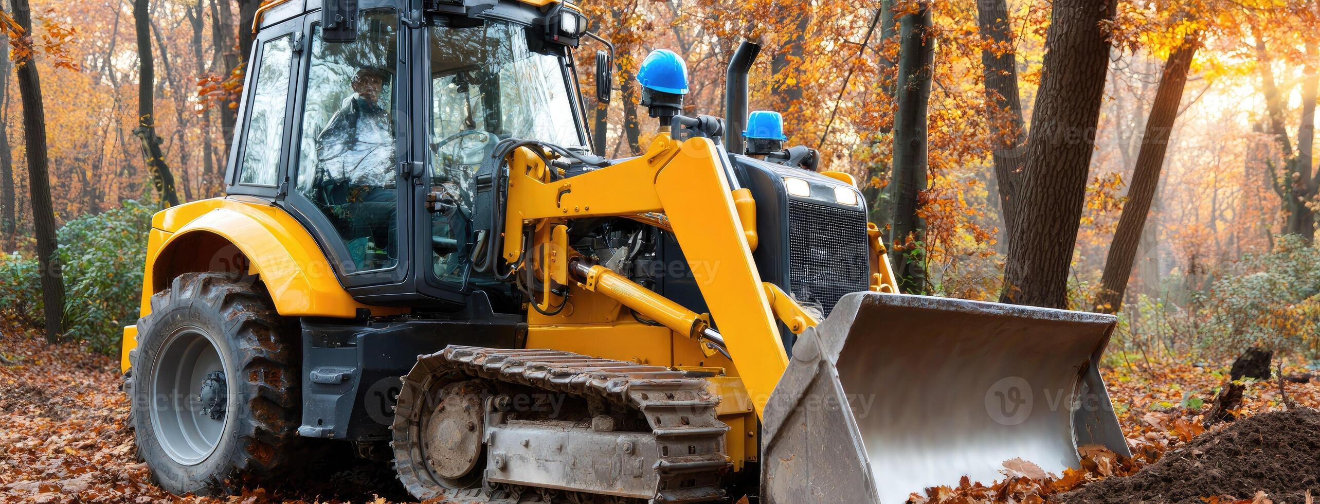 A yellow bulldozer is parked in the woods photo