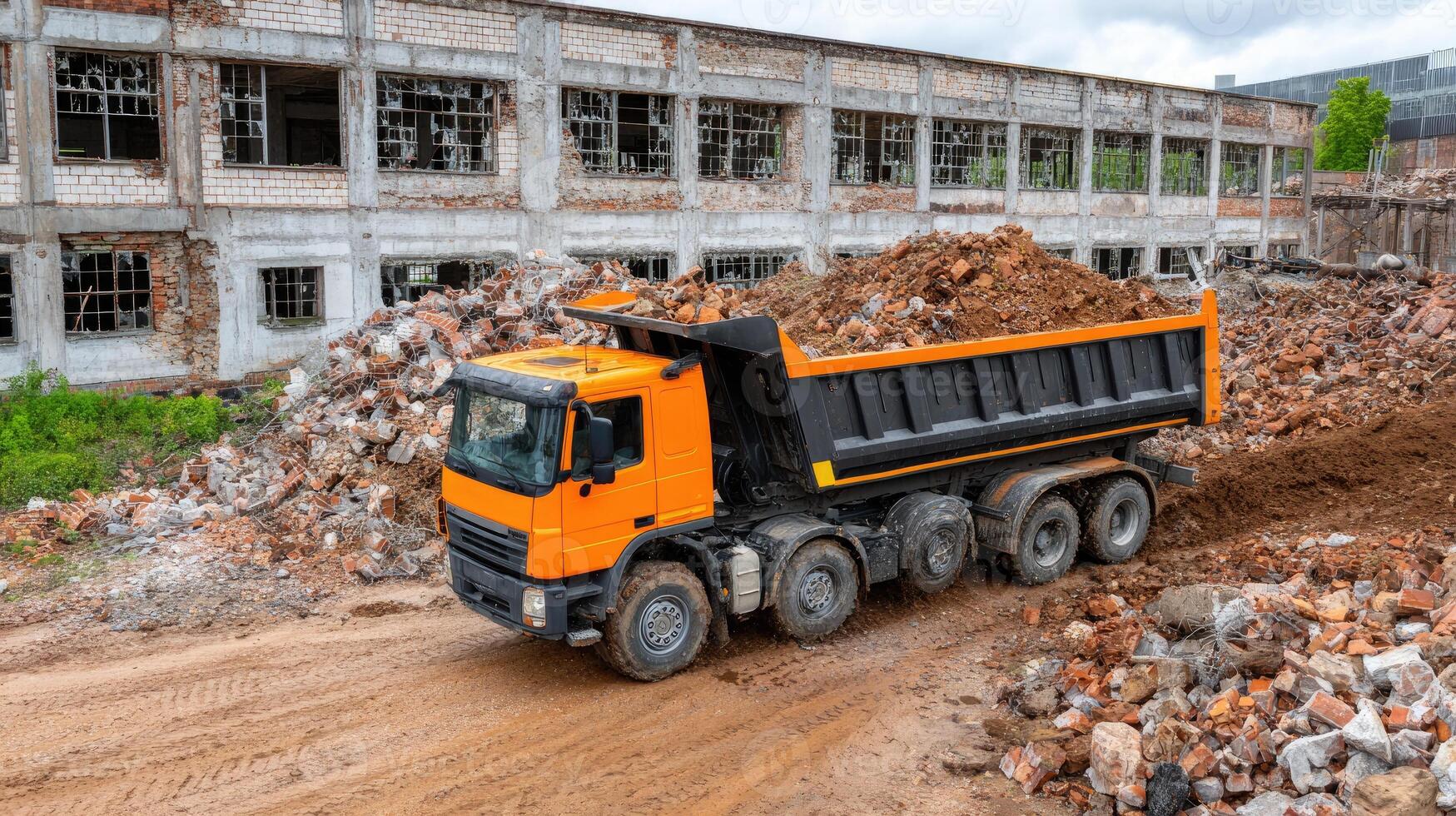 A dump truck is driving through a pile of rubble photo