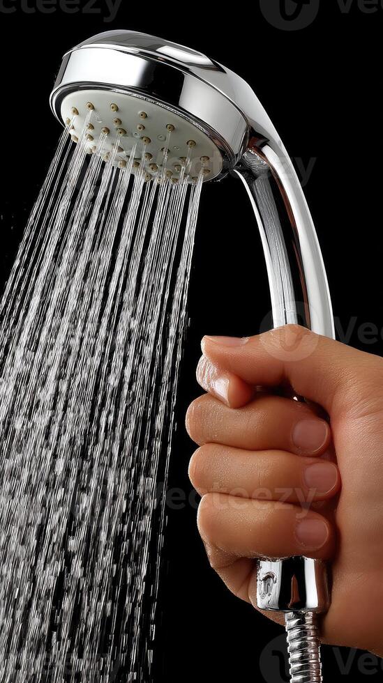 A person stands in a contemporary bathroom, gripping a shower head as it releases gentle streams of water during daylight hours photo