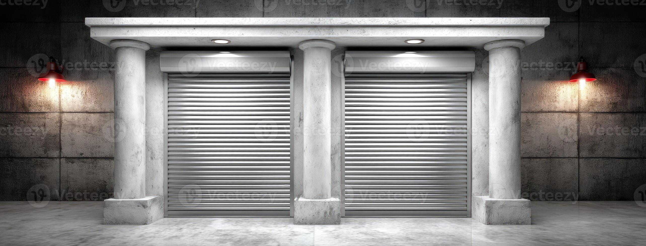 Urban setting with metallic roll-up doors framed by concrete columns illuminated by red lights at night photo