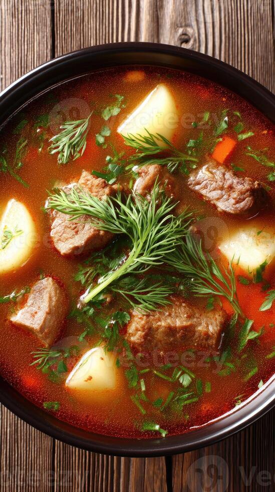 Warm bowl of hearty beef stew with potatoes and fresh herbs prepared in a rustic kitchen setting on a wooden table photo