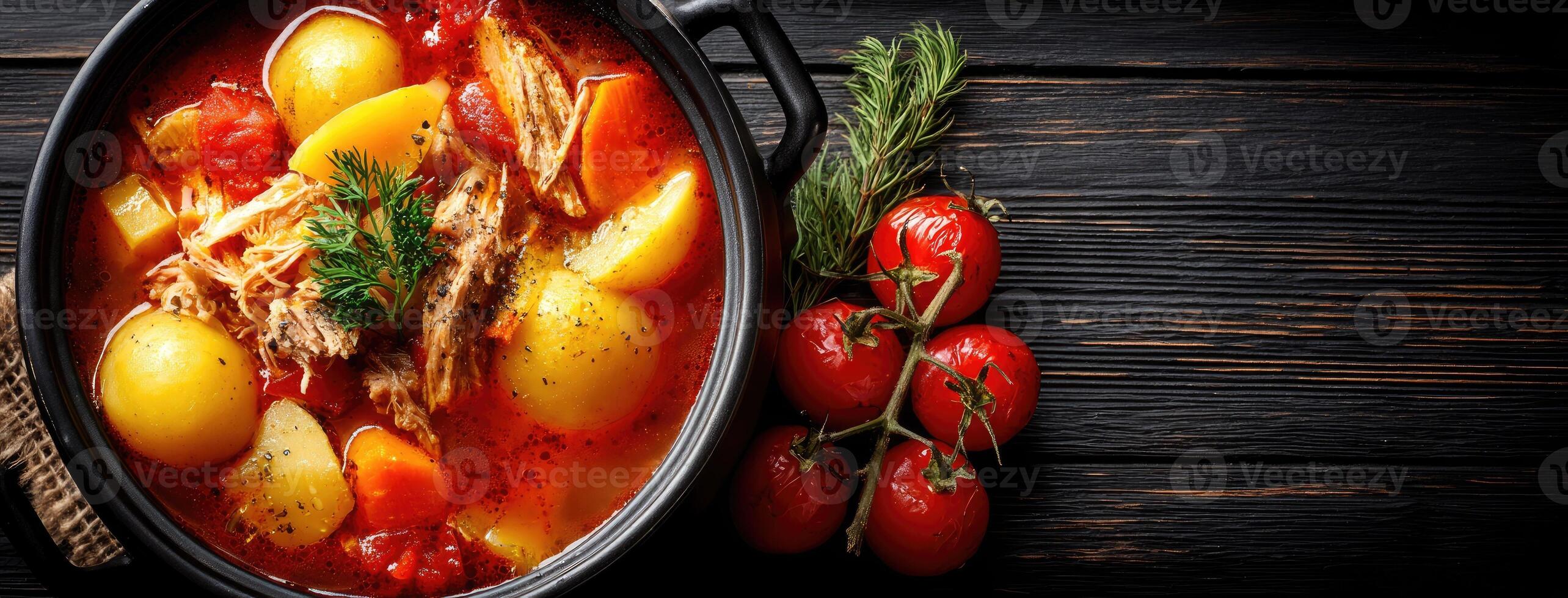 Delicious homemade stew with tender chicken, potatoes, fresh tomatoes, and herbs served in a rustic black bowl on a wooden table photo