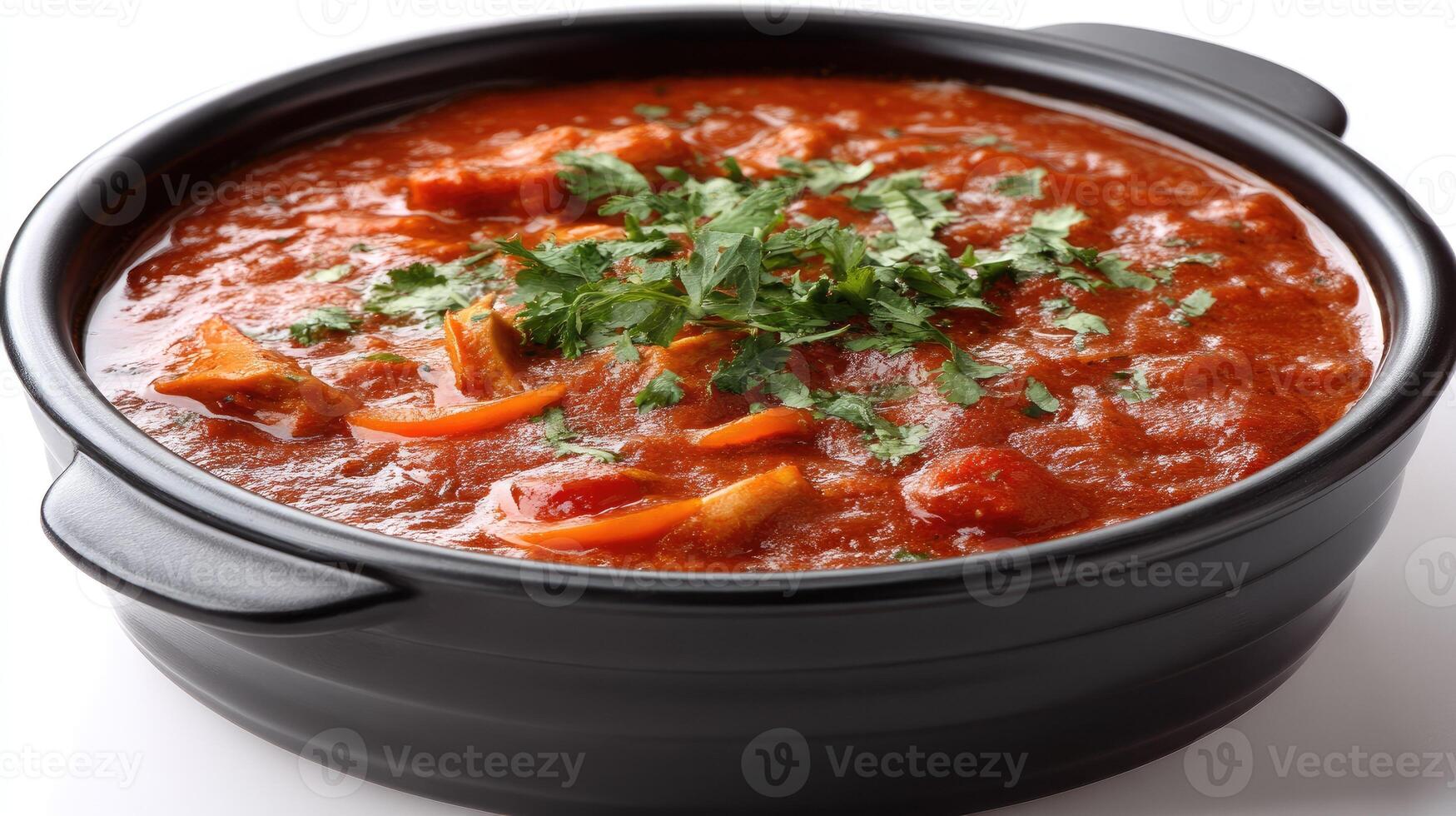 Savory stew simmering in a black pot garnished with fresh herbs, showcasing a rich, flavorful dish suitable for any dining occasion photo