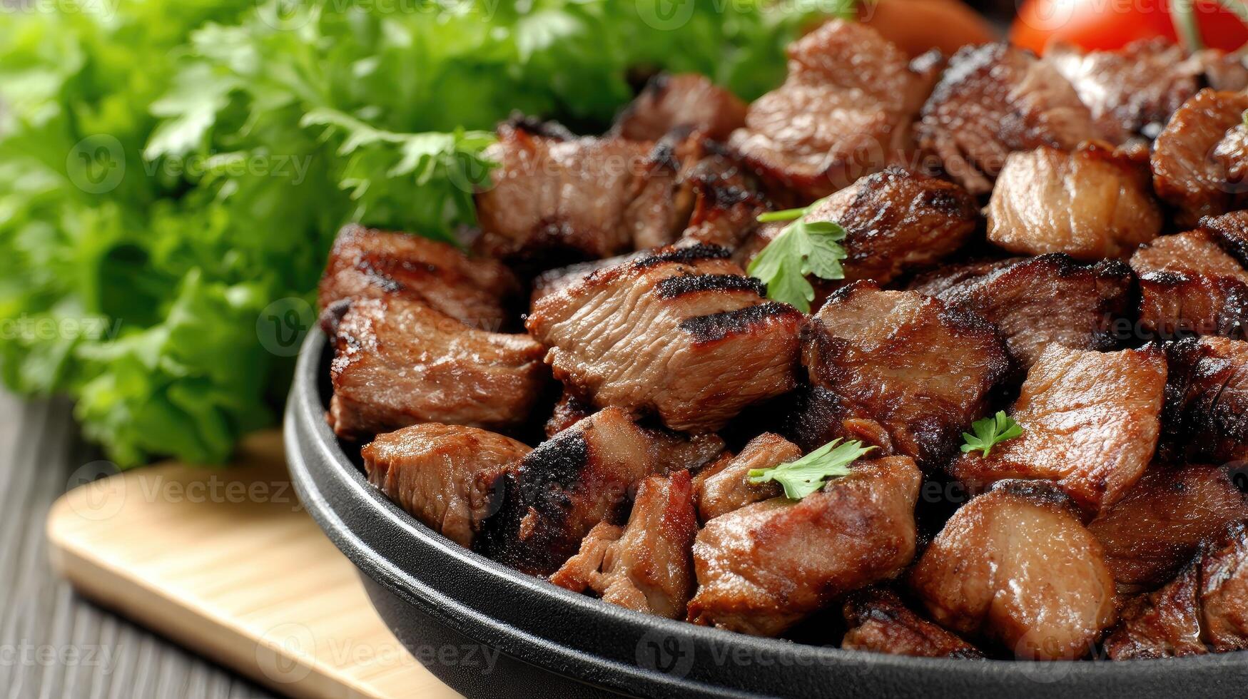 Savory grilled beef served in a black bowl accompanied by fresh herbs and vibrant vegetables at a summer barbecue photo