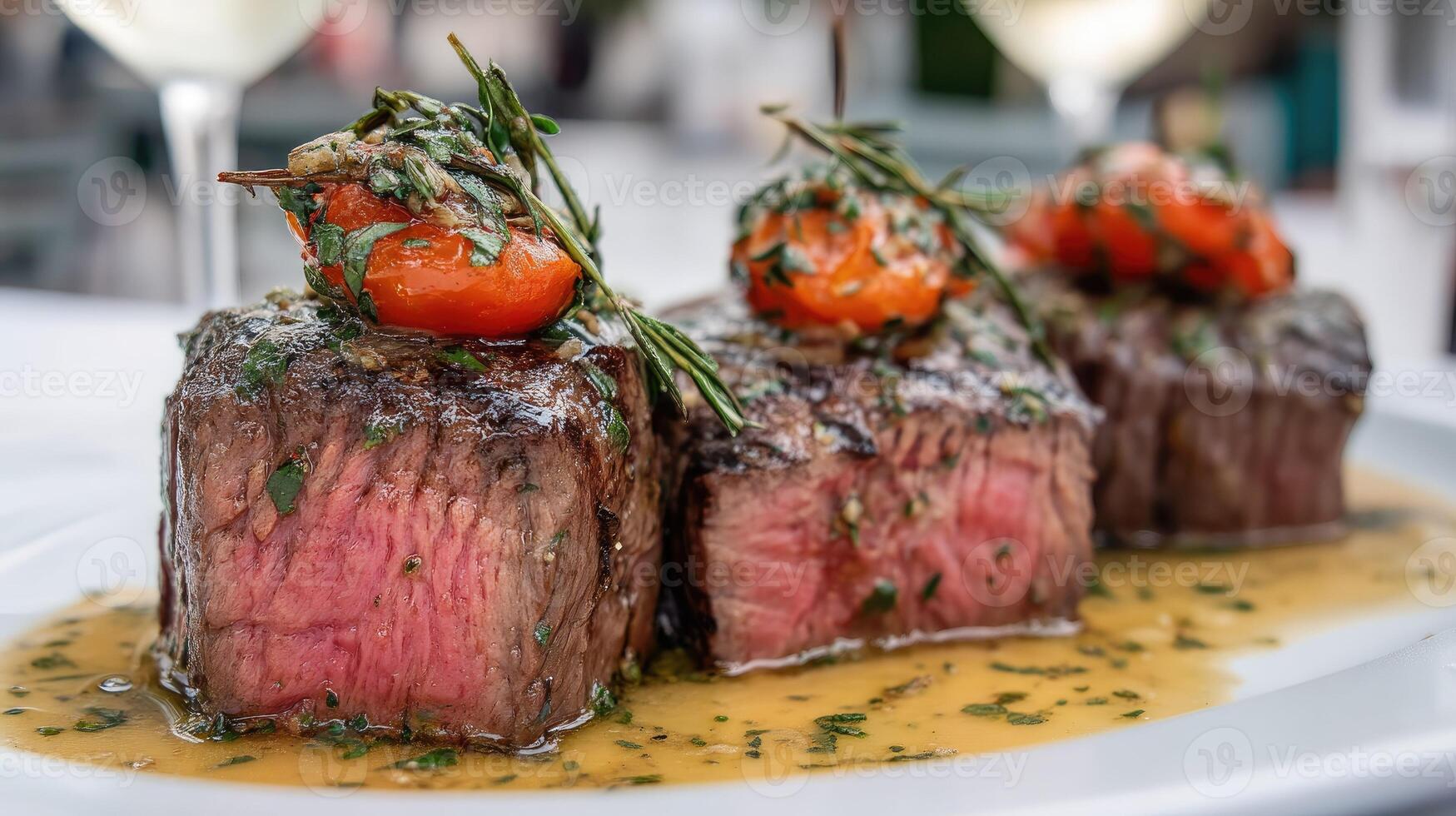 Succulent grilled steak accompanied by flavorful roasted tomatoes and a blend of aromatic herbs, perfect for an outdoor summer dining experience photo