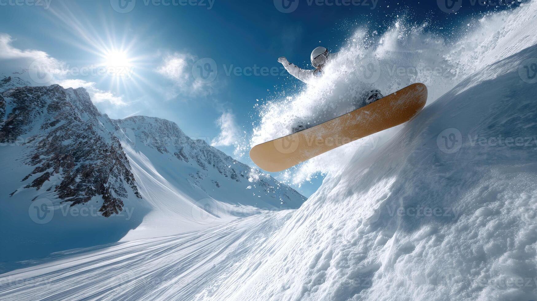 A snowboarder is jumping off a mountain photo