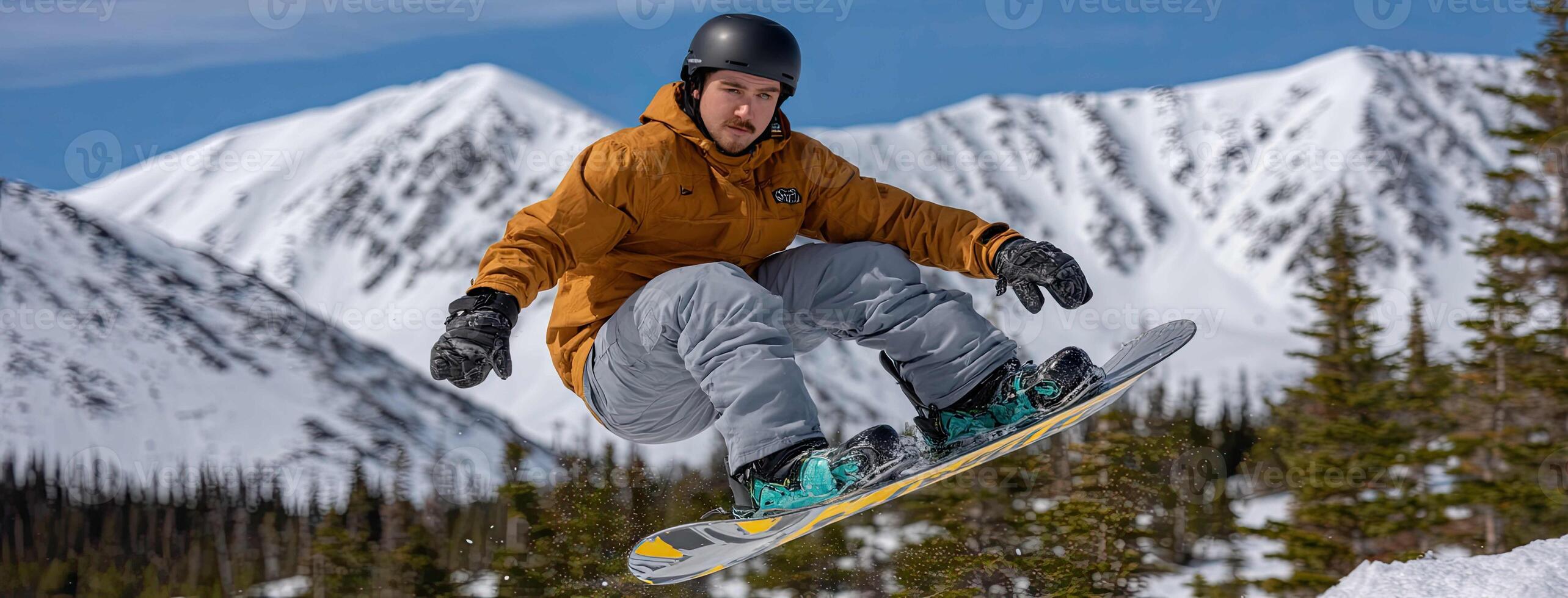 A man in a snowboard jumps over a mountain photo