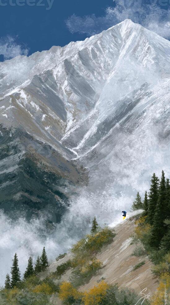 A painting of a mountain with snow on it photo