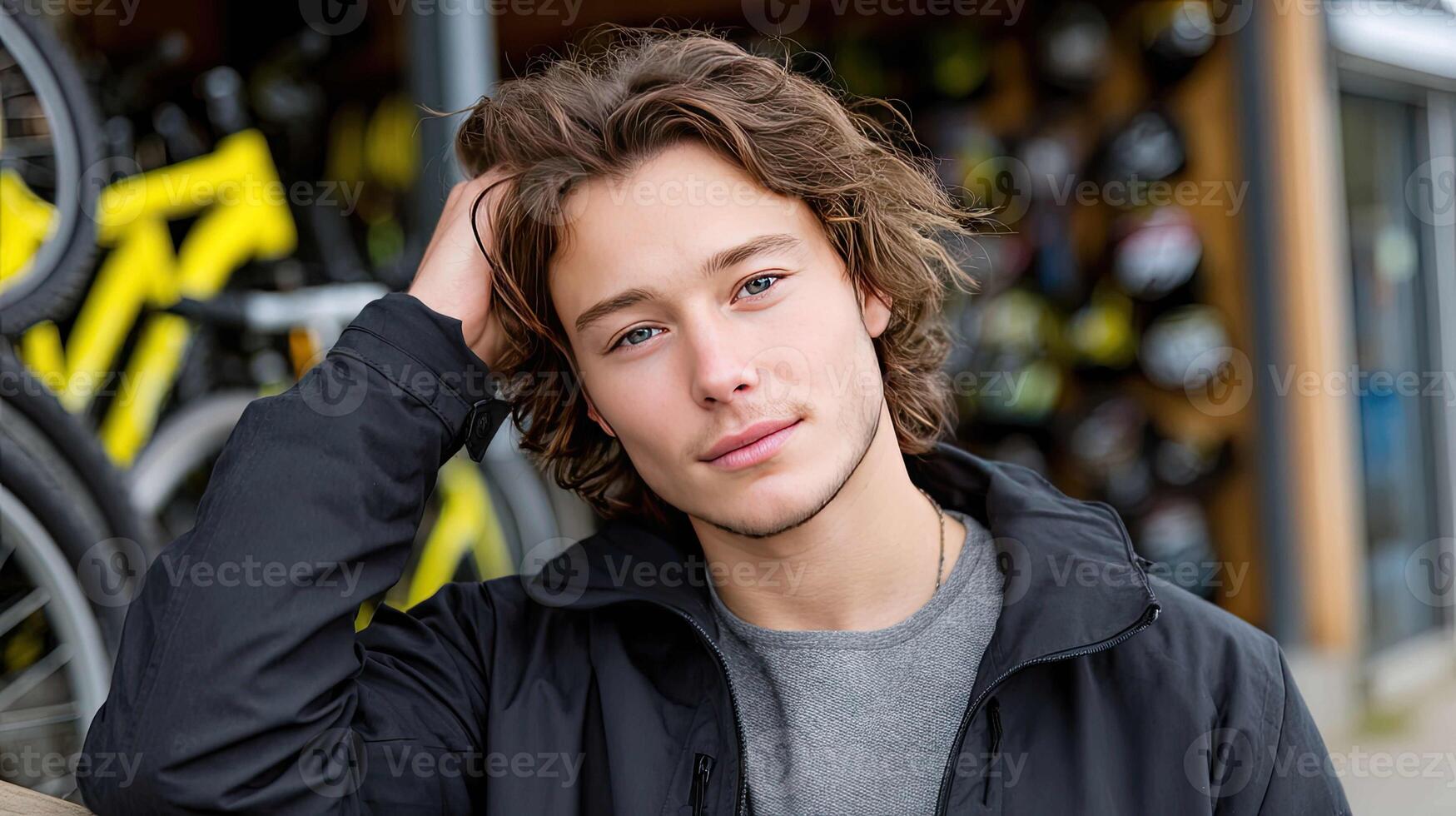 A young man with a bike in front of him photo