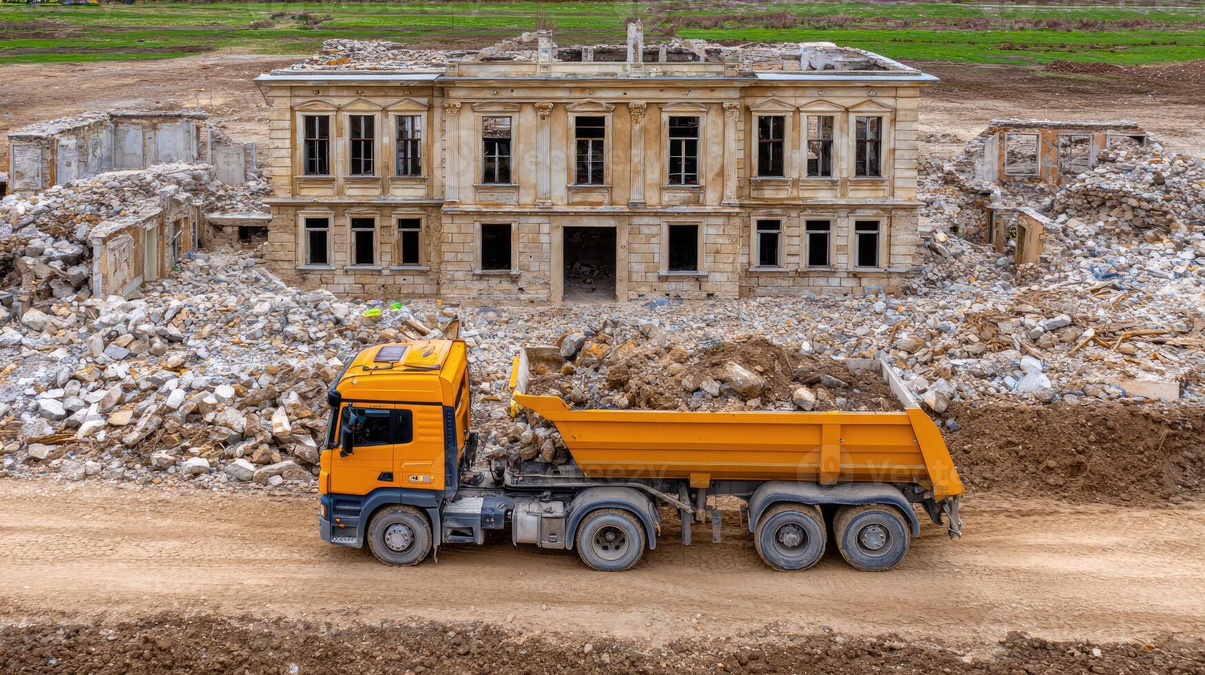 A dump truck is driving through a field photo