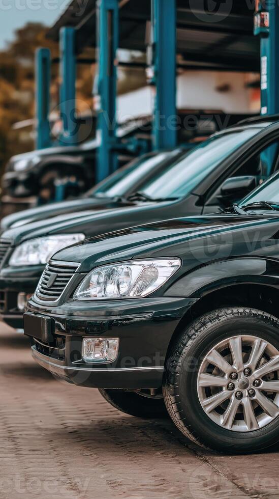 A row of black cars parked in front of a car repair shop photo