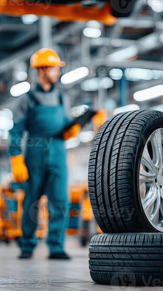 A man in a hard hat and blue overalls is standing next to tires photo