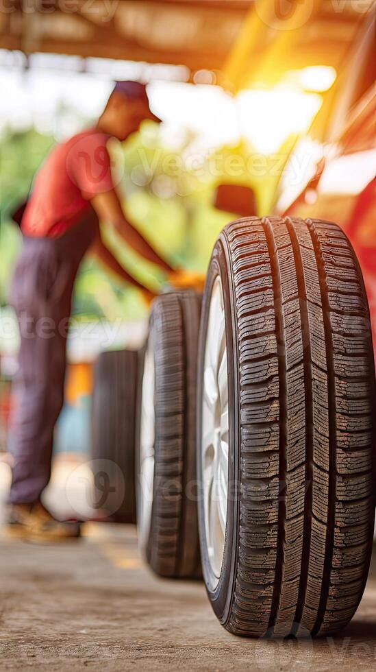A man is standing next to a car tire photo