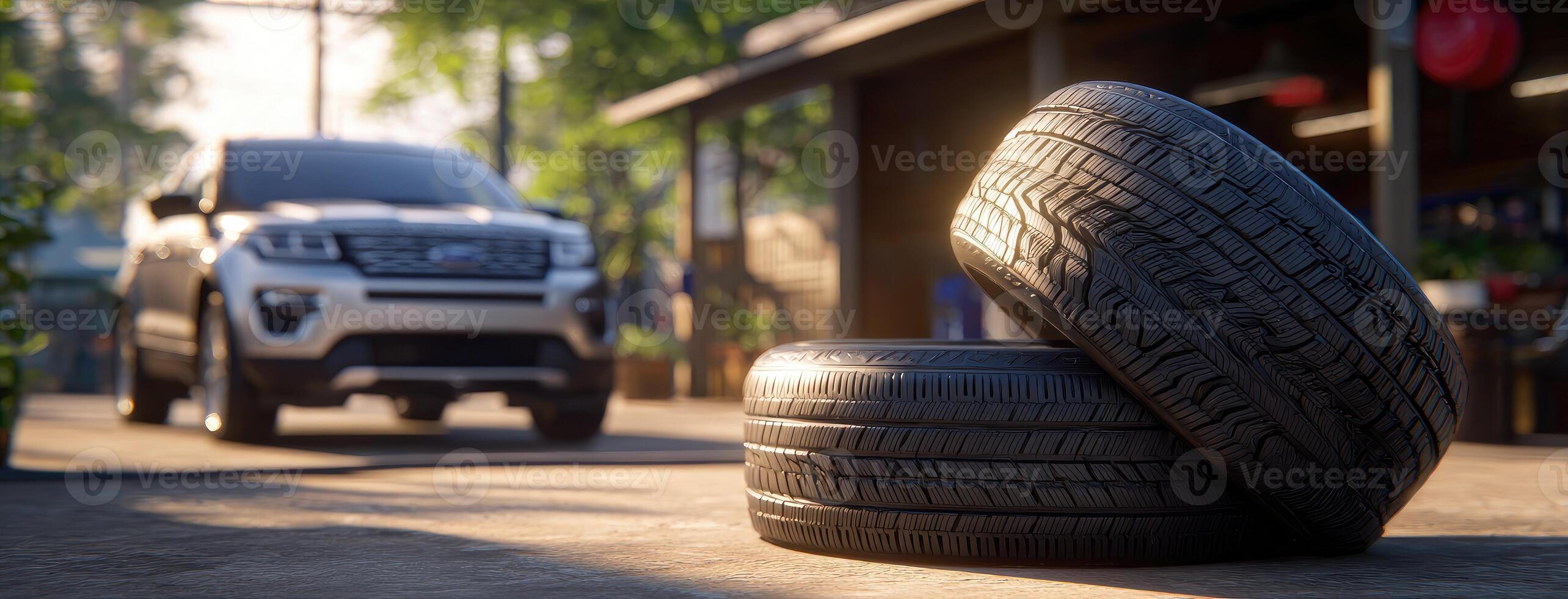 Two tires sitting on the ground next to a car photo