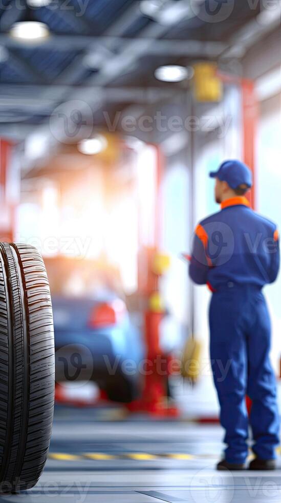 A man in blue overalls standing next to a car tire photo