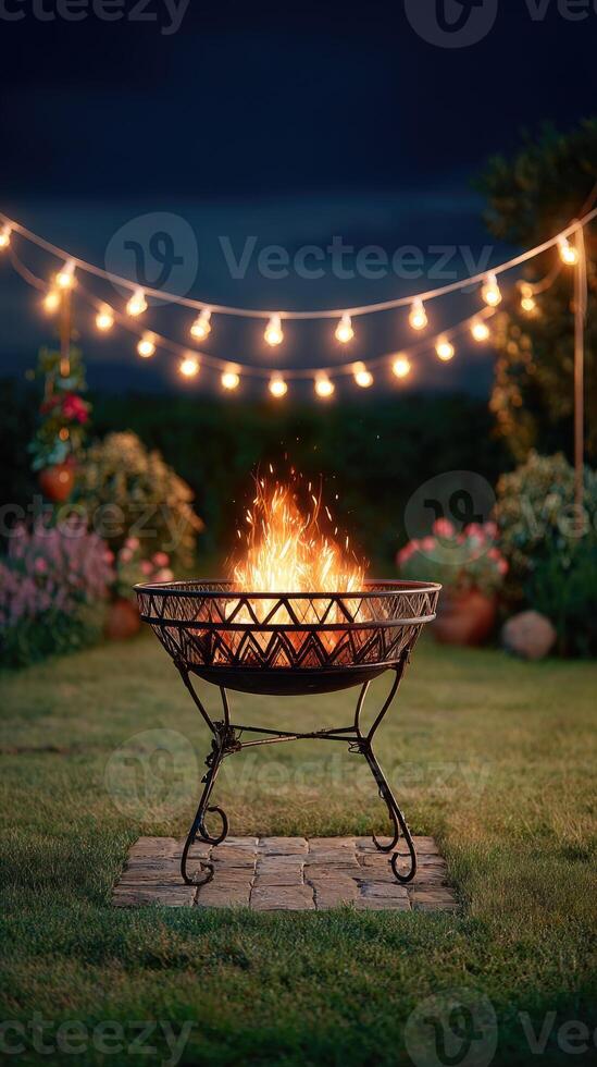 A fire pit in the backyard with string lights photo