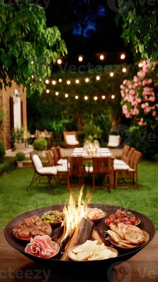 A fire pit with food and drinks on it photo