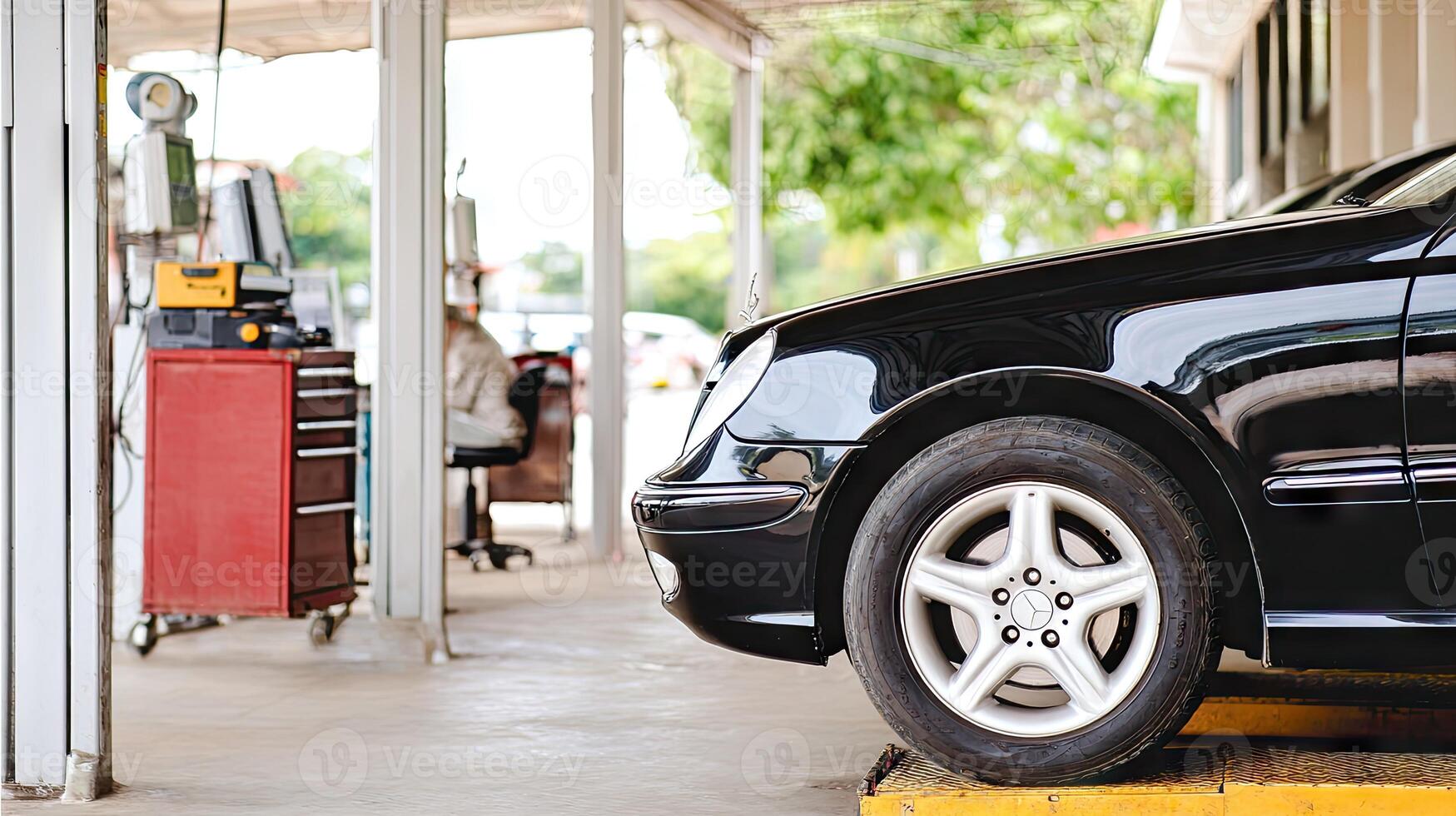A black car is parked in a garage photo