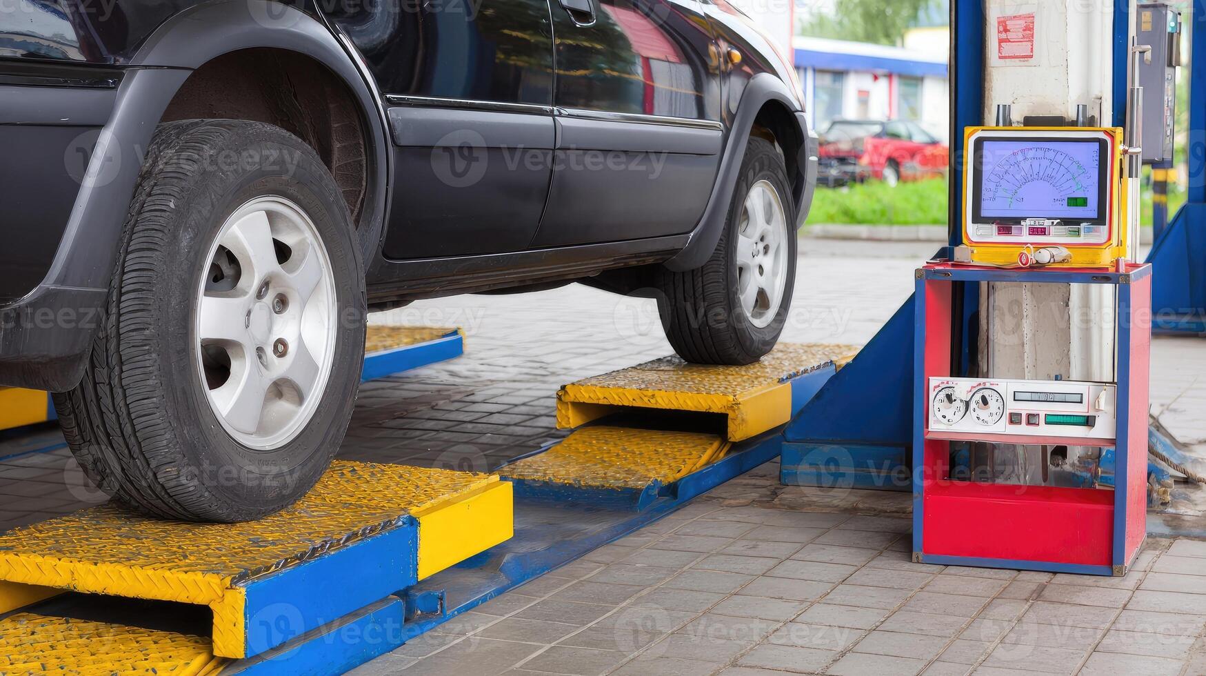 A car is being checked on a lift photo